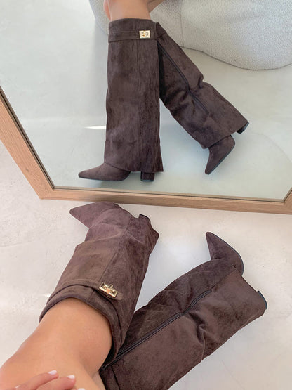 Fold Chunky Heel Knee High Boots