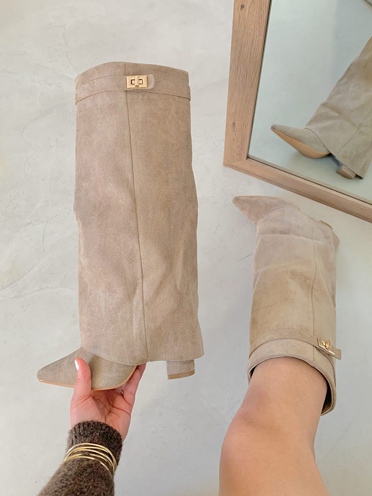 Fold Chunky Heel Knee High Boots