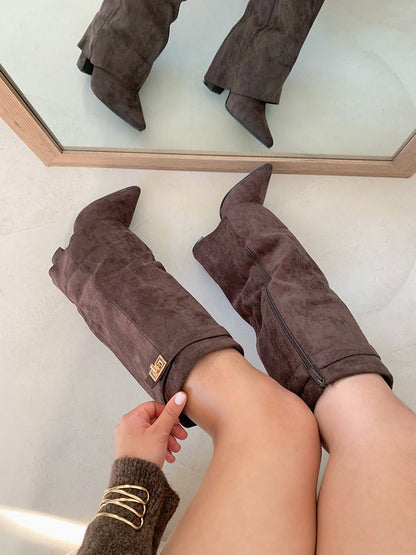 Fold Chunky Heel Knee High Boots