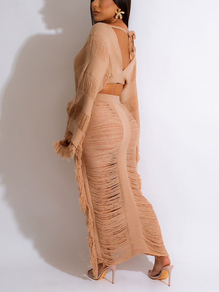 Knitted Tassel Drawstring Skirt Set - ECHOINE