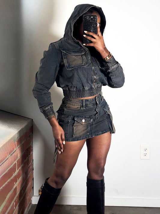 Denim Hoodie Jacket & Cargo Skirt Set