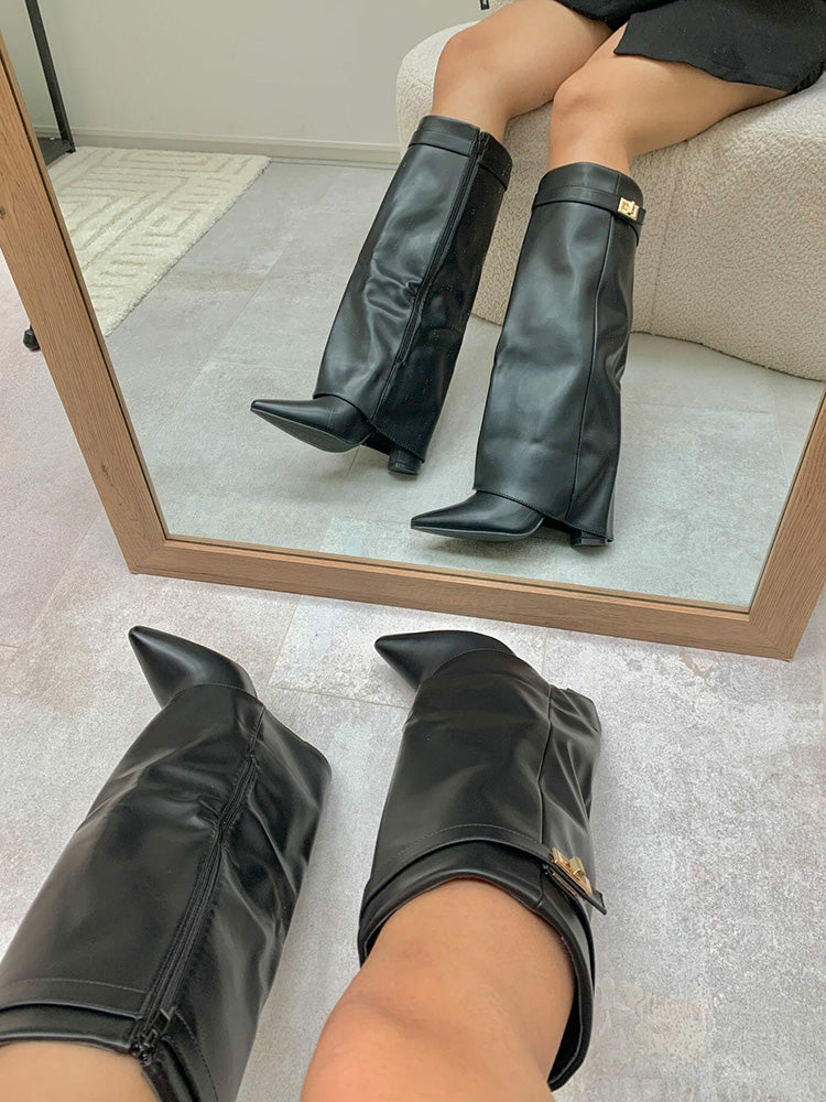 Fold Chunky Heel Knee High Boots