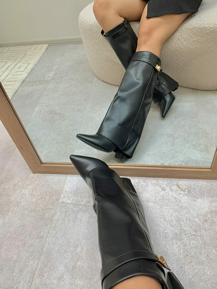 Fold Chunky Heel Knee High Boots