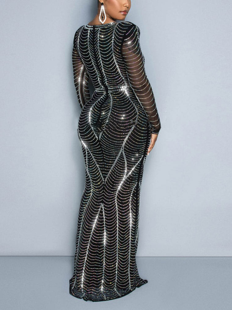 Mesh Rhinestones Sheer Maxi Dress - ECHOINE