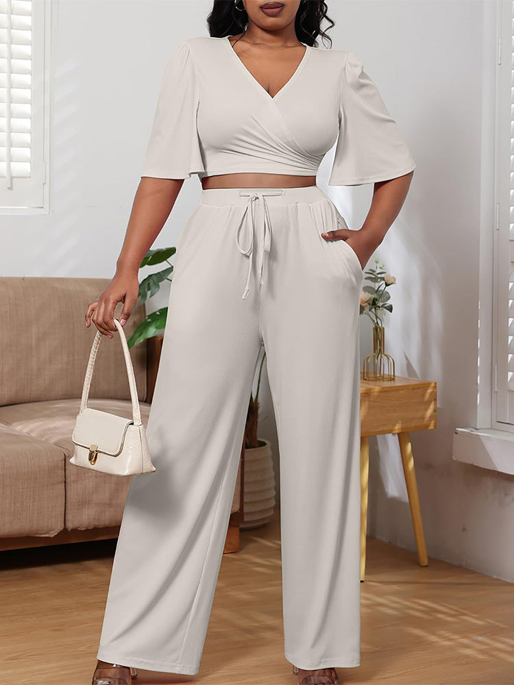 V-Neck Top Drawstring Pants Set - ECHOINE