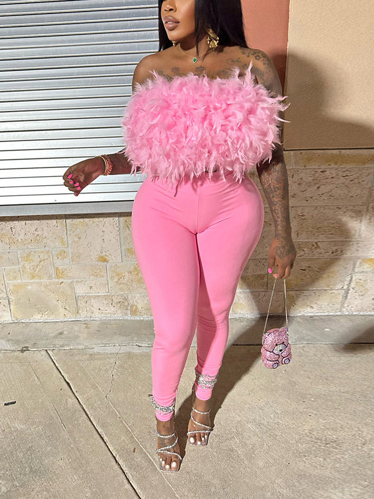 Glamour Feather Top & Leggings Set