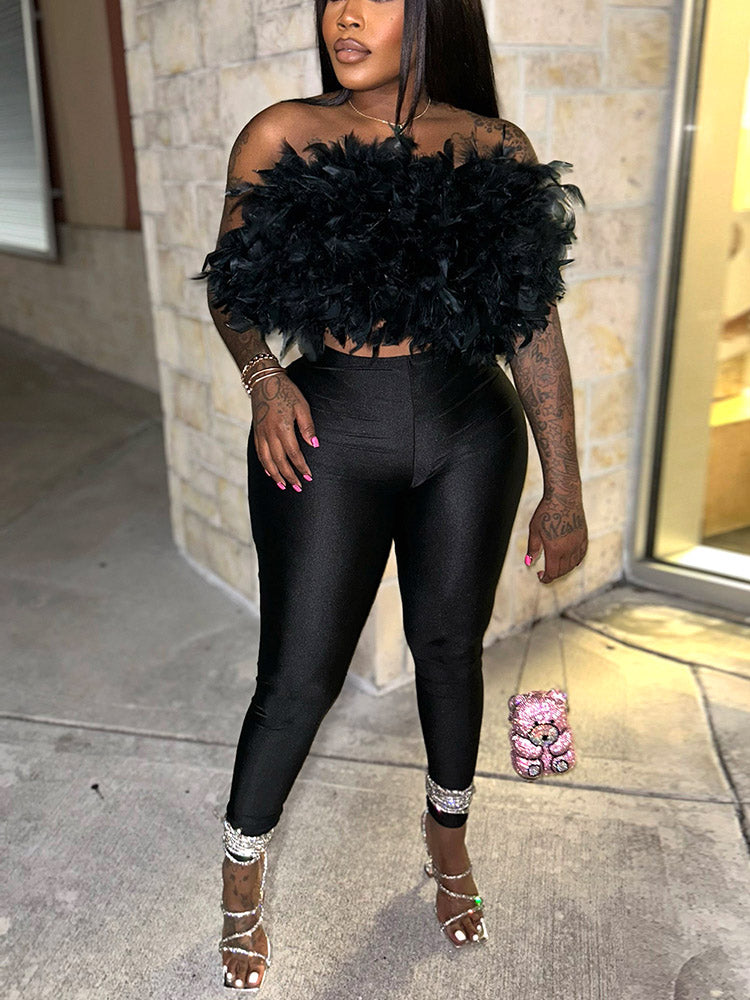 Glamour Feather Top & Leggings Set