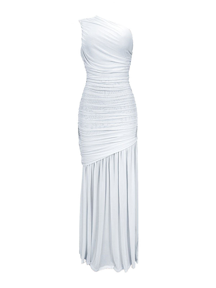 One Shoulder Mesh Ruched Dress