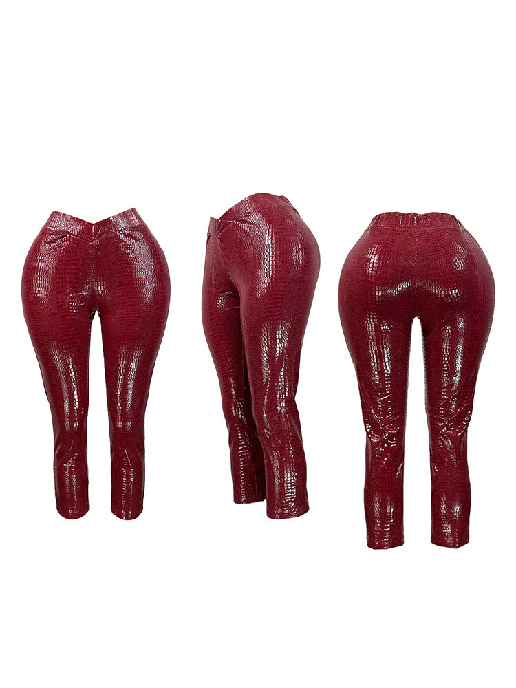 Faux Fur Trim Leather Jacket & Croc-Embossed Pants