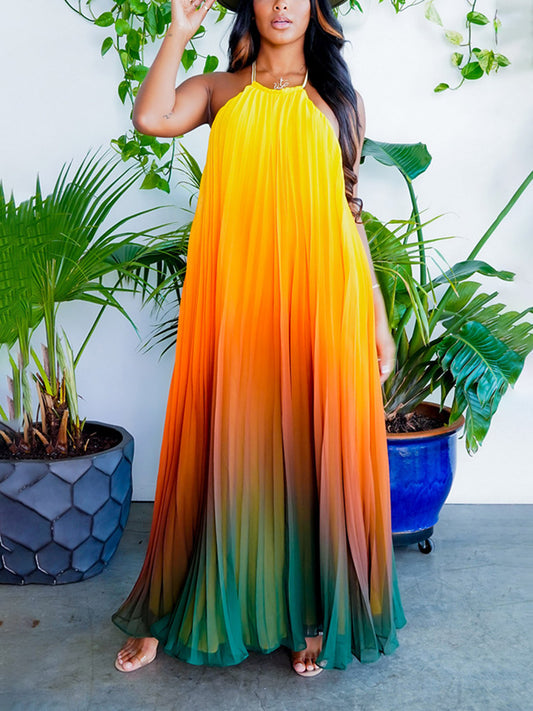 Ombre Pleated Backless Maxi Dress