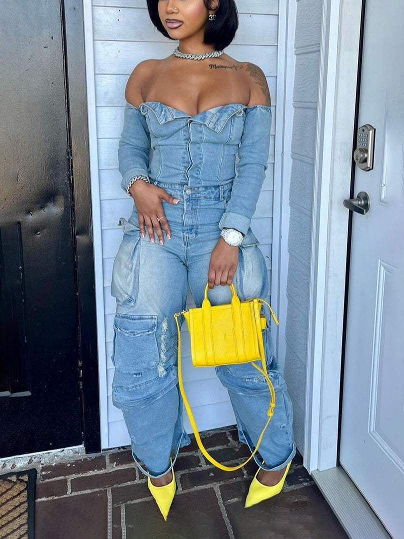 Off Shoulder Denim Cargo Jumpsuit