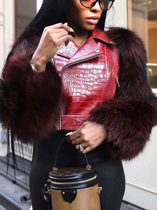 Faux Fur Sleeve & Croc-Embossed Jacket