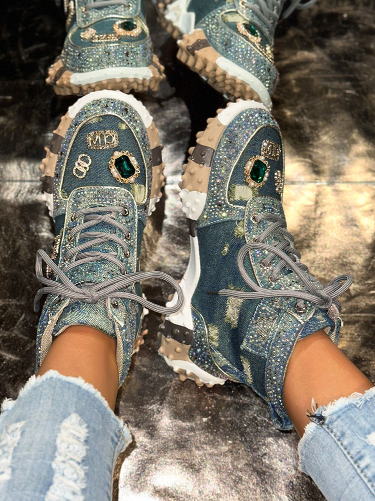 Rhinestone Denim High-Top Sneakers
