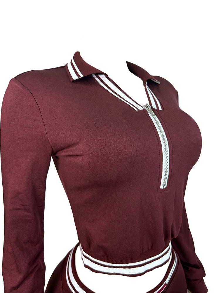 Contrast Polo Crop Top & Flared Pants Set