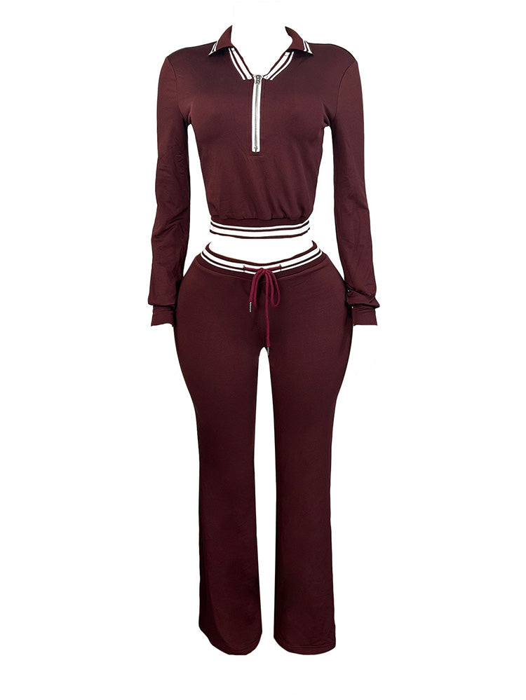 Contrast Polo Crop Top & Flared Pants Set