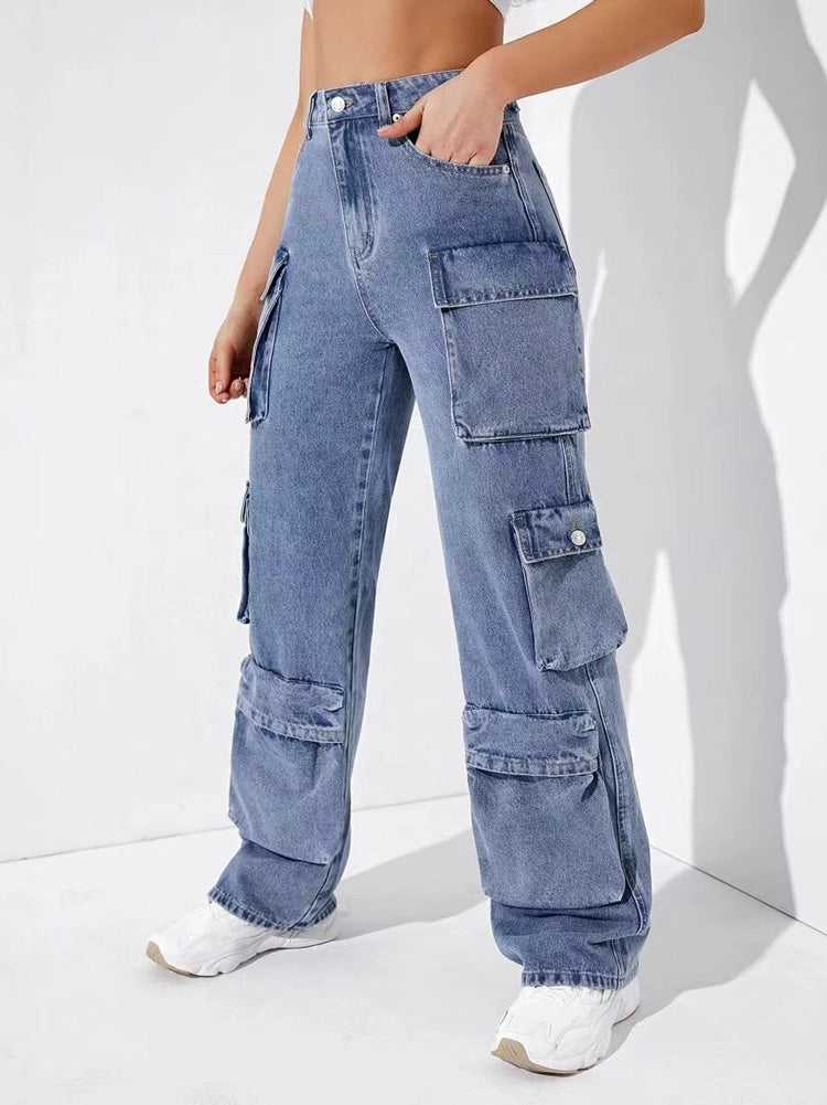 High Waist Pockets Cargo Jeans - ECHOINE