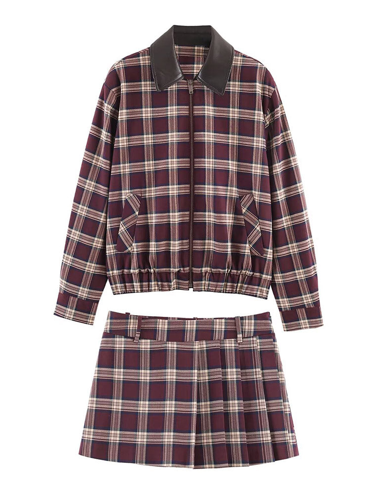 Leather-Trim Jacket & Pleated Skort Set