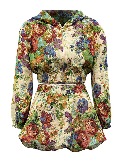Vintage Floral Jacquard Hoodie & Skirt Set