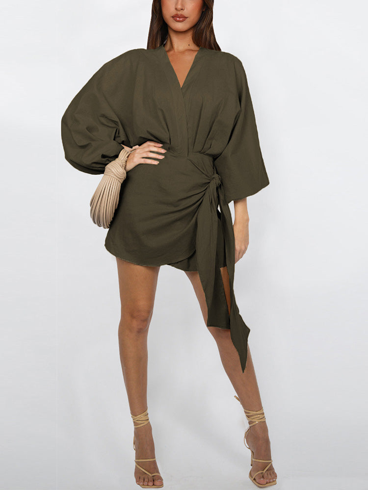 Puff Sleeves Wrap Dress