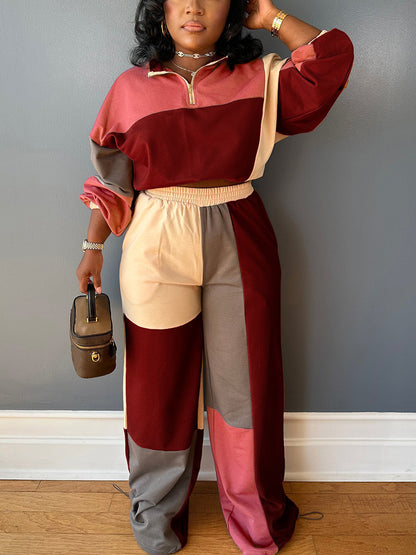 Colorblock Half-Zip Top & Wide Pants Set