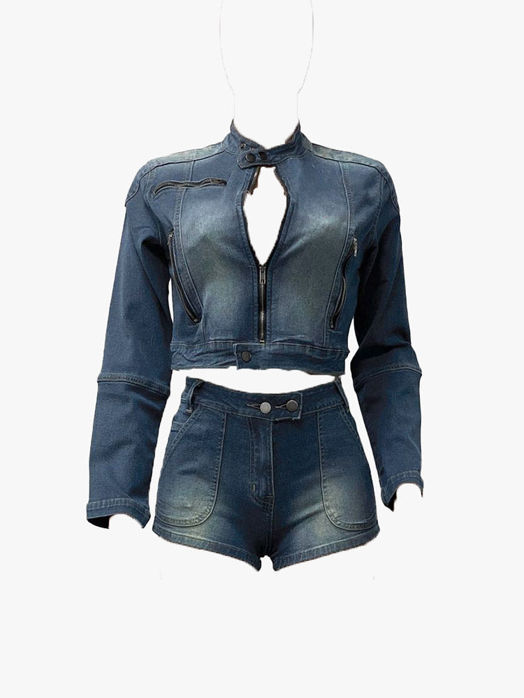 Denim Crop Jacket & Shorts Set - ECHOINE