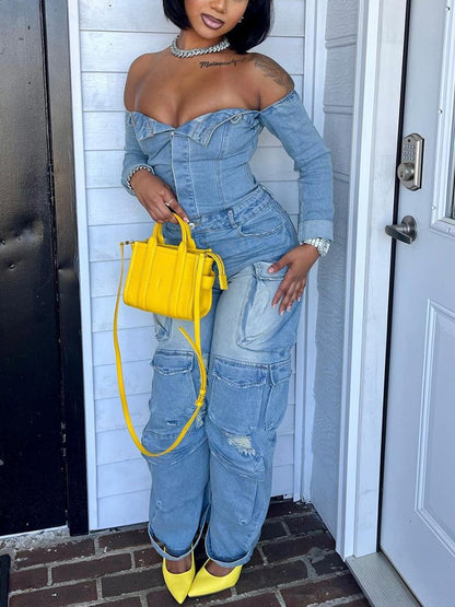 Off Shoulder Denim Cargo Jumpsuit