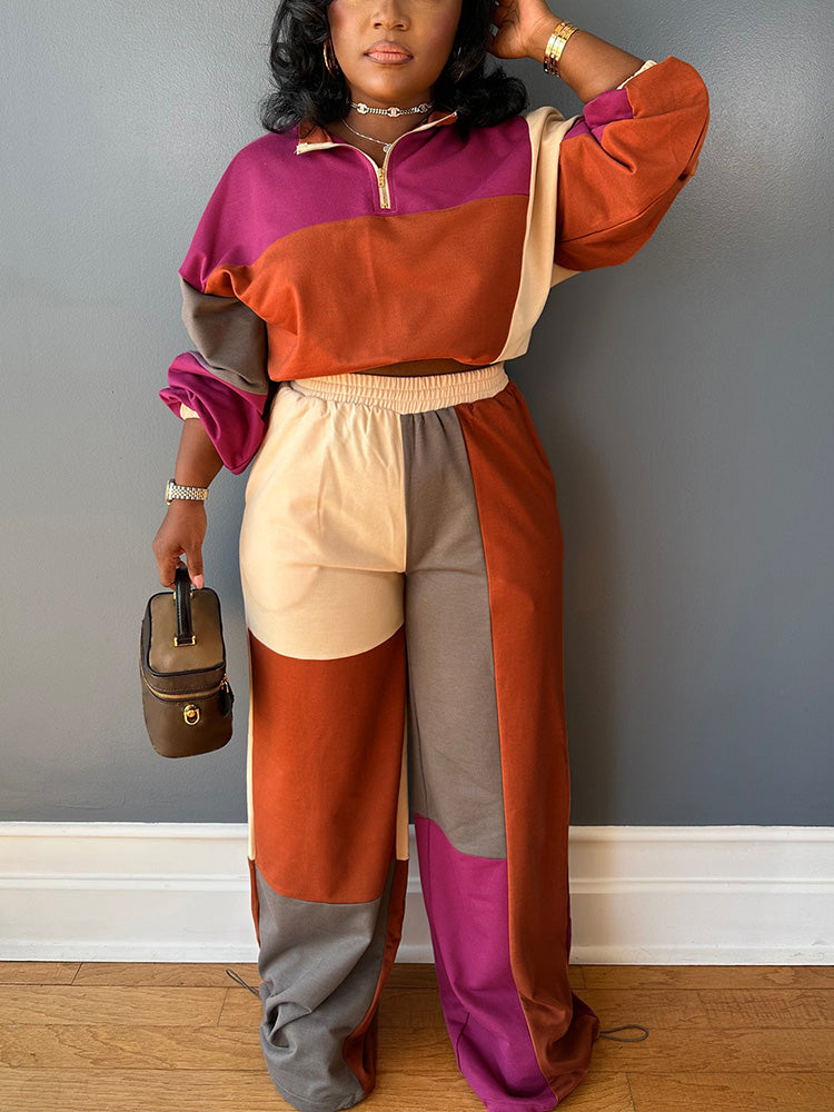 Colorblock Half-Zip Top & Wide Pants Set