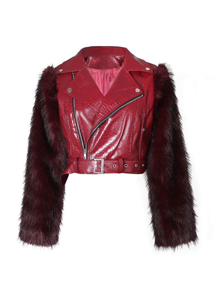 Faux Fur Sleeve & Croc-Embossed Jacket