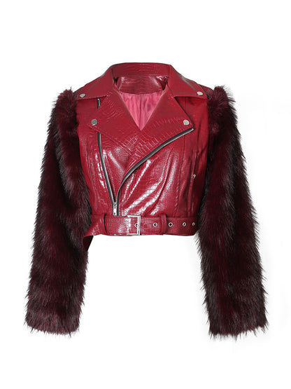 Faux Fur Sleeve & Croc-Embossed Jacket