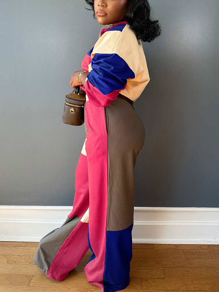 Colorblock Half-Zip Top & Wide Pants Set