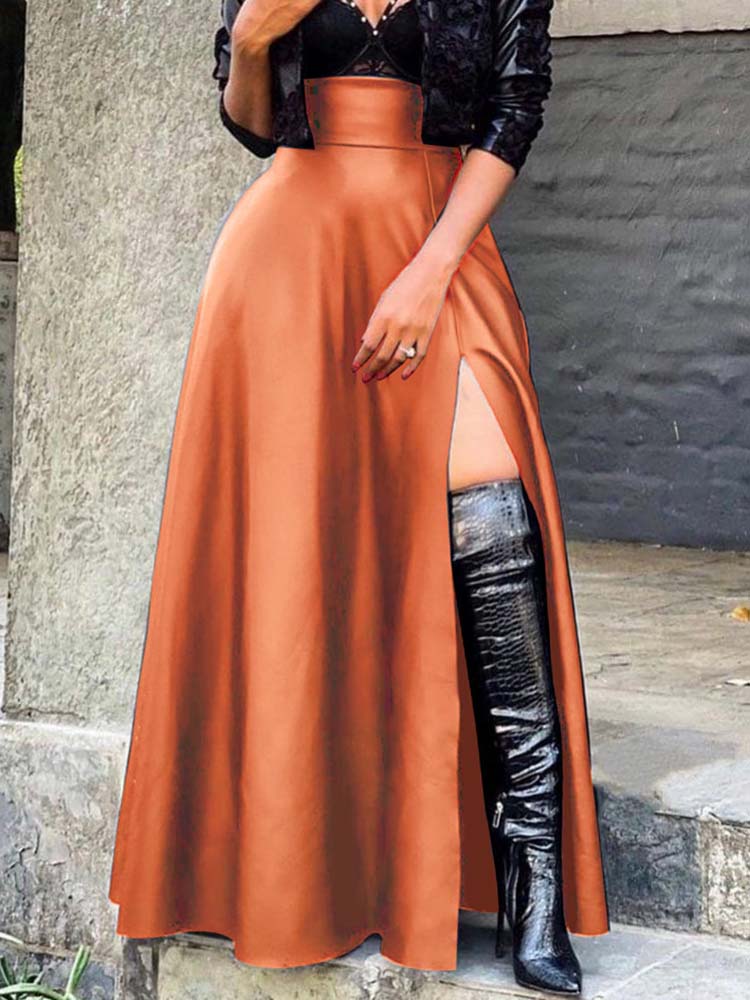 Vintage Leather Side Split Maxi Skirt - ECHOINE