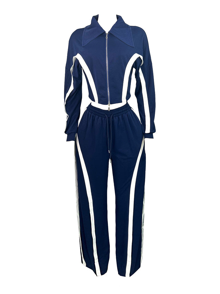 Contrast Zip-Front Jacket & Wide Pants Set
