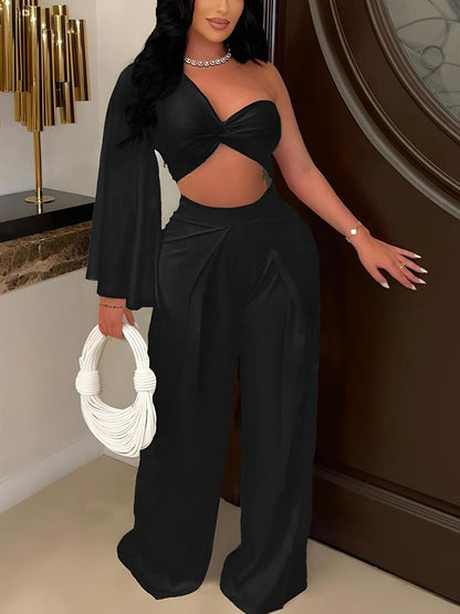 One Shoulder Top & Wide Pants Set