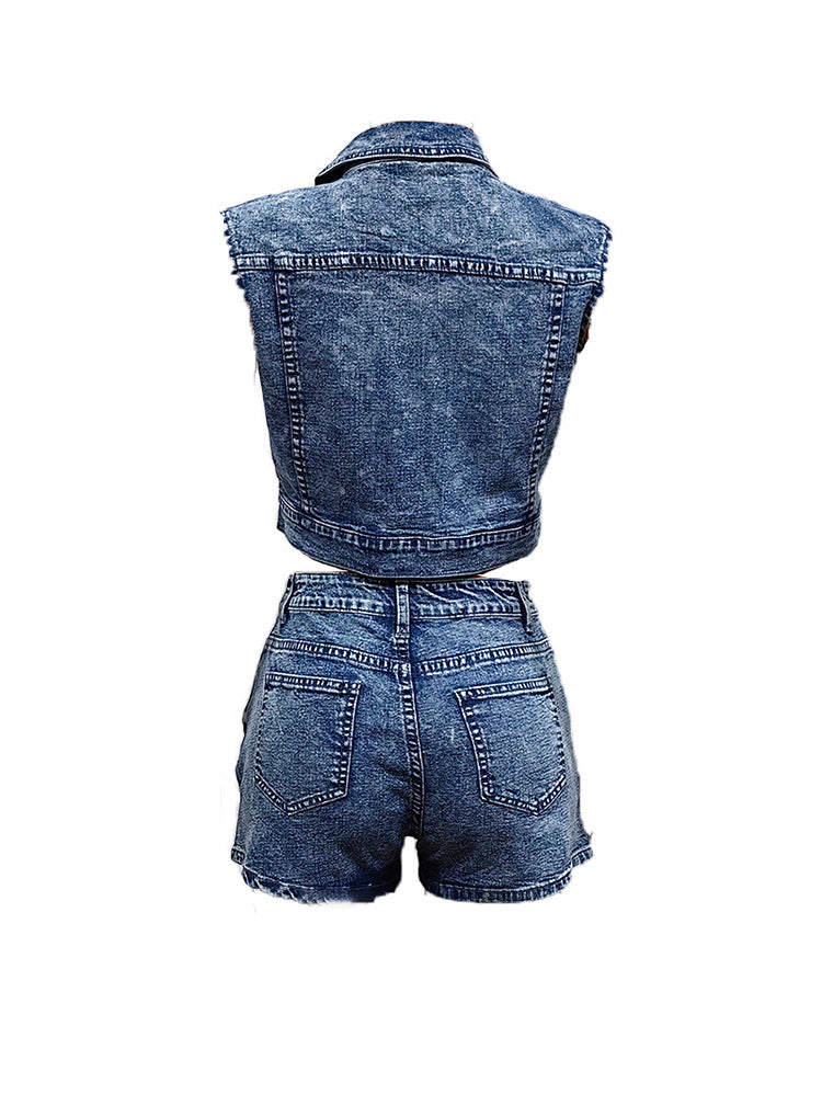 Floral Print Denim Shorts Set - ECHOINE