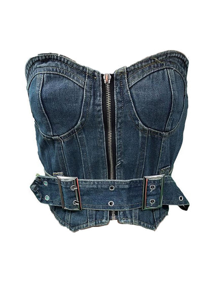 Denim Belted Zip Tube Top - ECHOINE