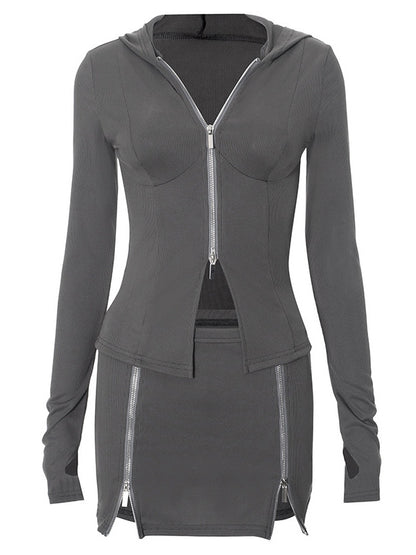 Ribbed Zip-Up Hoodie & Skirt Set