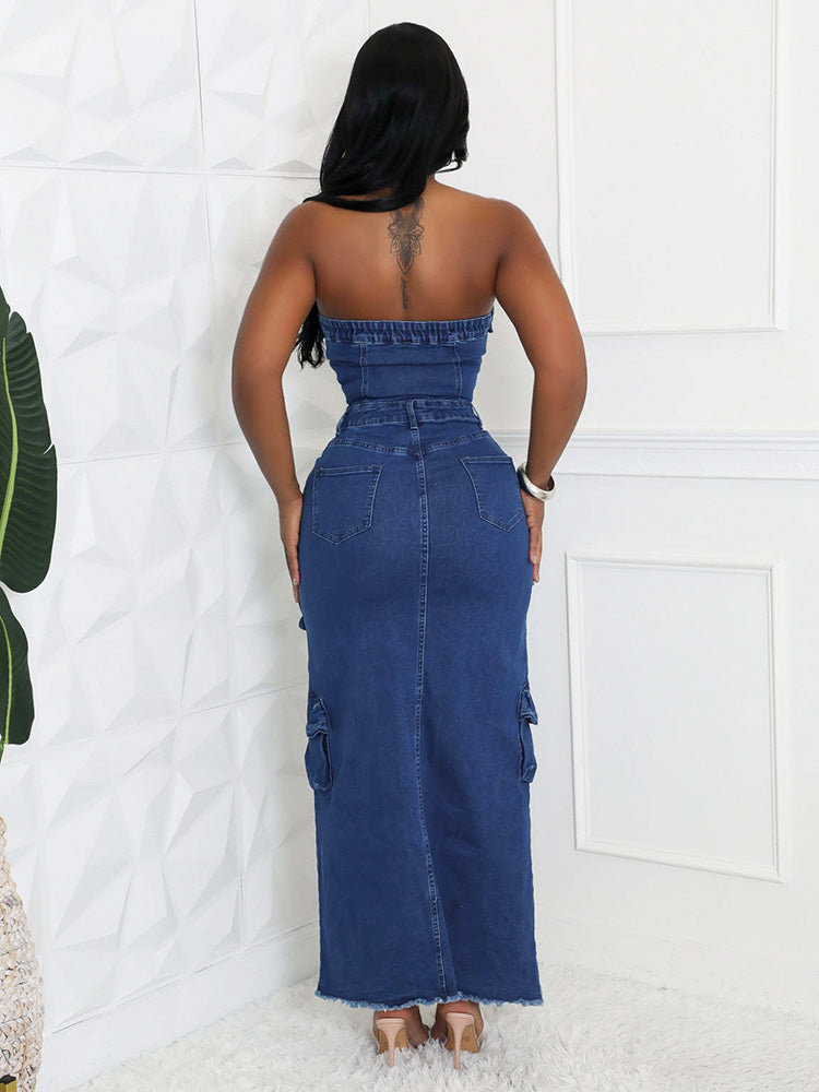 Denim Strapless Cargo Dress