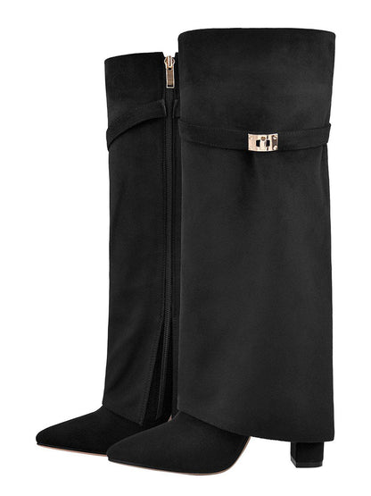 Fold Chunky Heel Knee High Boots