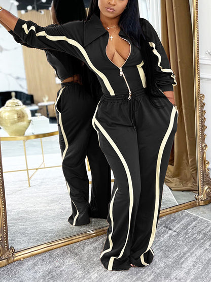 Contrast Zip-Front Jacket & Wide Pants Set