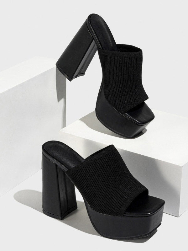 Knit Platform Chunky Heel Sandals - ECHOINE