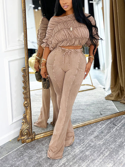 Washed Ruched Top & Flared Pants Set