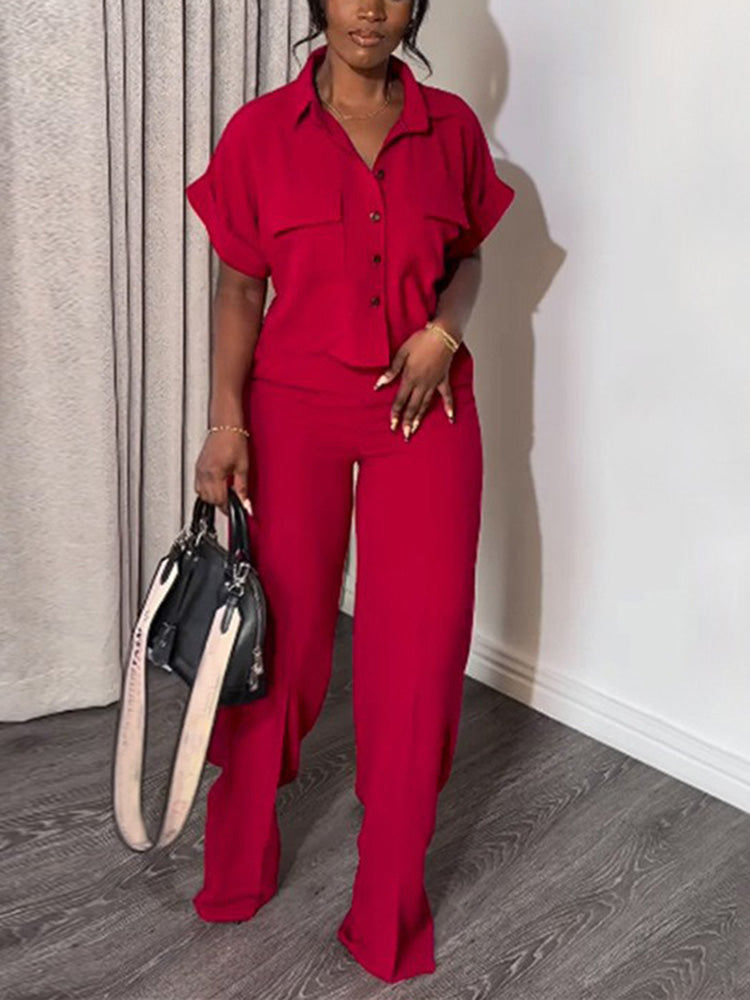 Causal Button Shirt Wide Pants Set