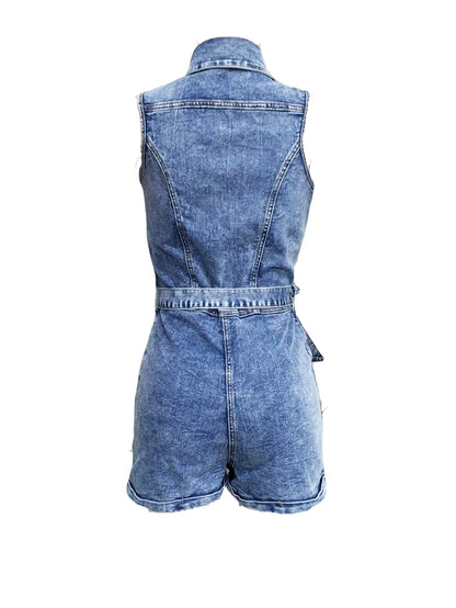 Denim Button Romper With Belt