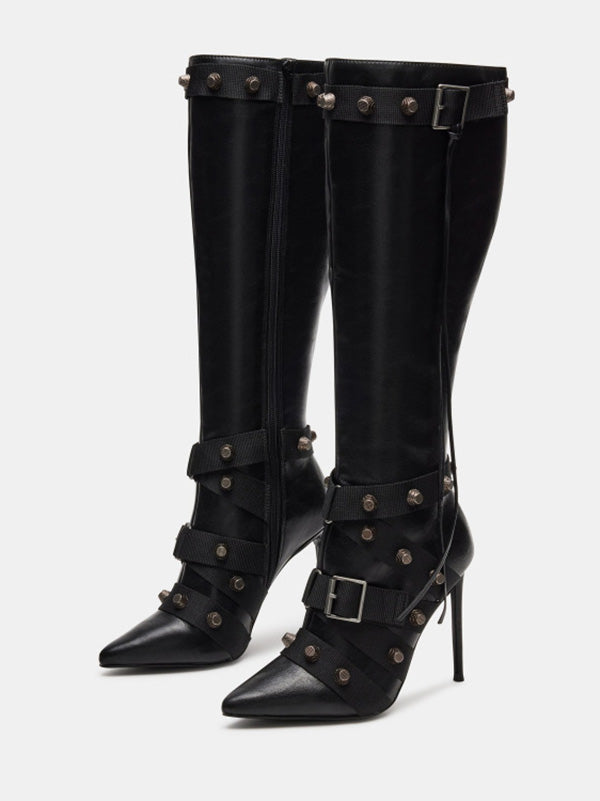 Studded Buckled Strap Leather Boots