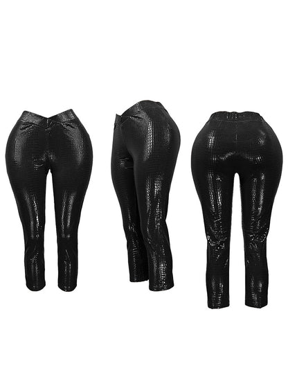 Faux Fur Trim Leather Jacket & Croc-Embossed Pants