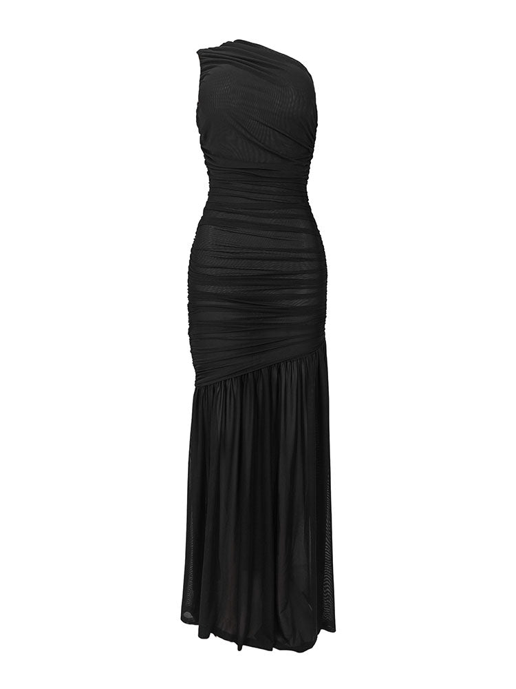 One Shoulder Mesh Ruched Dress