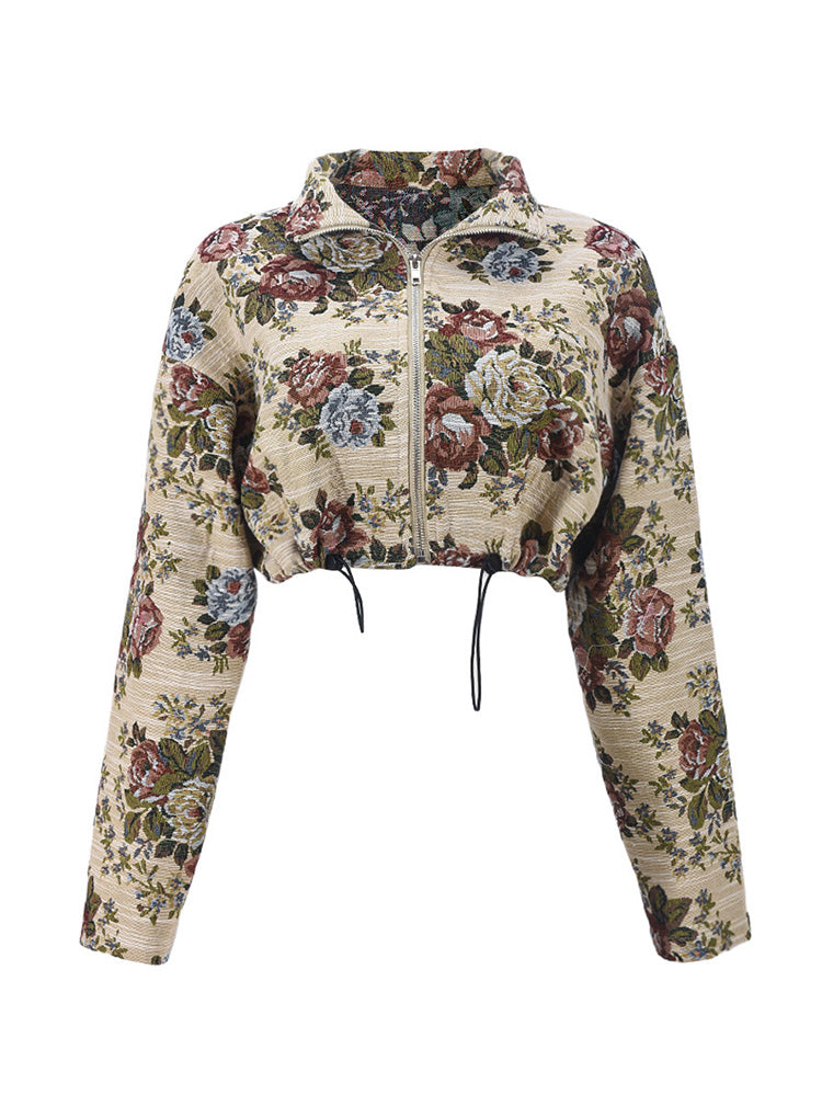 Vintage Floral Zip-Up Crop Jacket