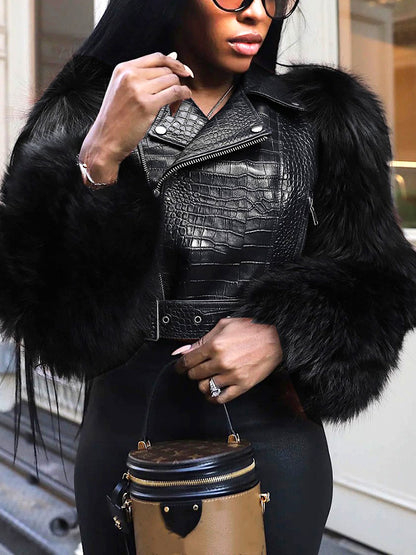 Faux Fur Sleeve & Croc-Embossed Jacket
