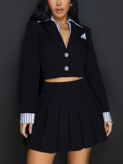 Pinstripe Crop Blazer Pleated Skirt Set