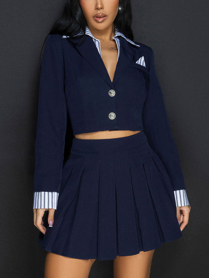 Pinstripe Crop Blazer Pleated Skirt Set